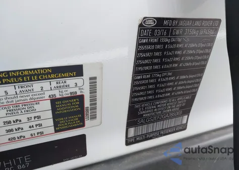 2016 Land Rover Range Rover 5.0L V8 Supercharged z USA, uszkodzony, nr VIN SALGS2EF2GA285069